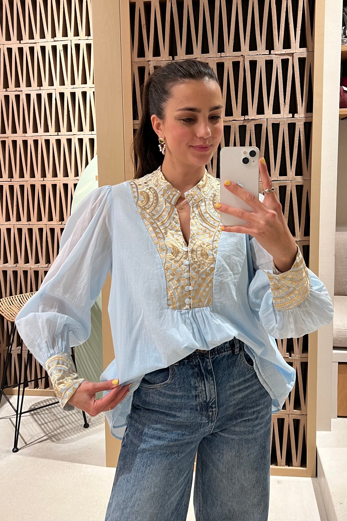 COTTON BLOUSE "TRIANGLE" CIEL/GOLD