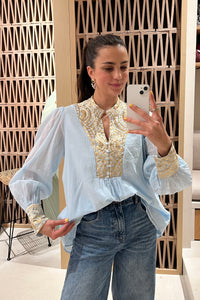 COTTON BLOUSE "TRIANGLE" CIEL/GOLD