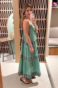 MIDI STRAPPY COTTON DRESS "NIKA" GREEN/BLACK