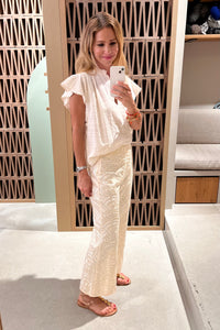 CROPPED EMBROIDERED COTTON PANTS "TRIANGLE" NATURAL/CHAMPAGNE