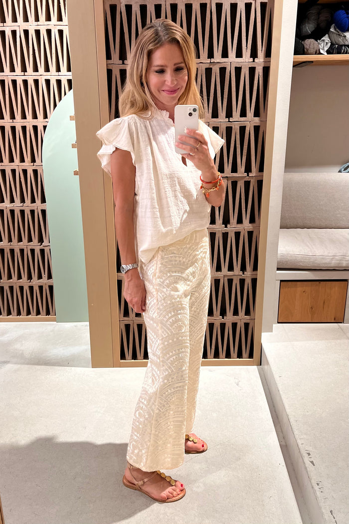 CROPPED EMBROIDERED COTTON PANTS "TRIANGLE" NATURAL/CHAMPAGNE