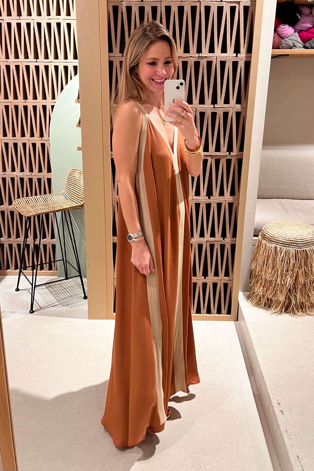 FLOWY LONG DRESS "ATHENA" CHOCOLATE/GOLD