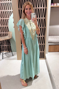 MIDI COTTON DRESS WITH RUFFLES "TRIANGLE" SEA GREEN/GOLD