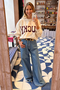 OVERSIZED COTTON SWEATER "LUCKY" CREAM/BORDEAUX