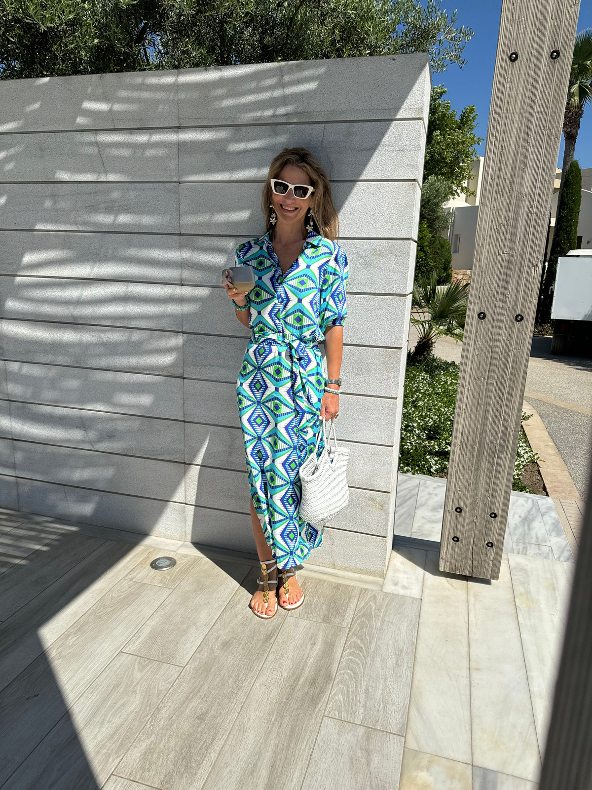 MIDI SHIRT DRESS WITH BELT "GLAFKI" BLUE/GREEN/WHITE