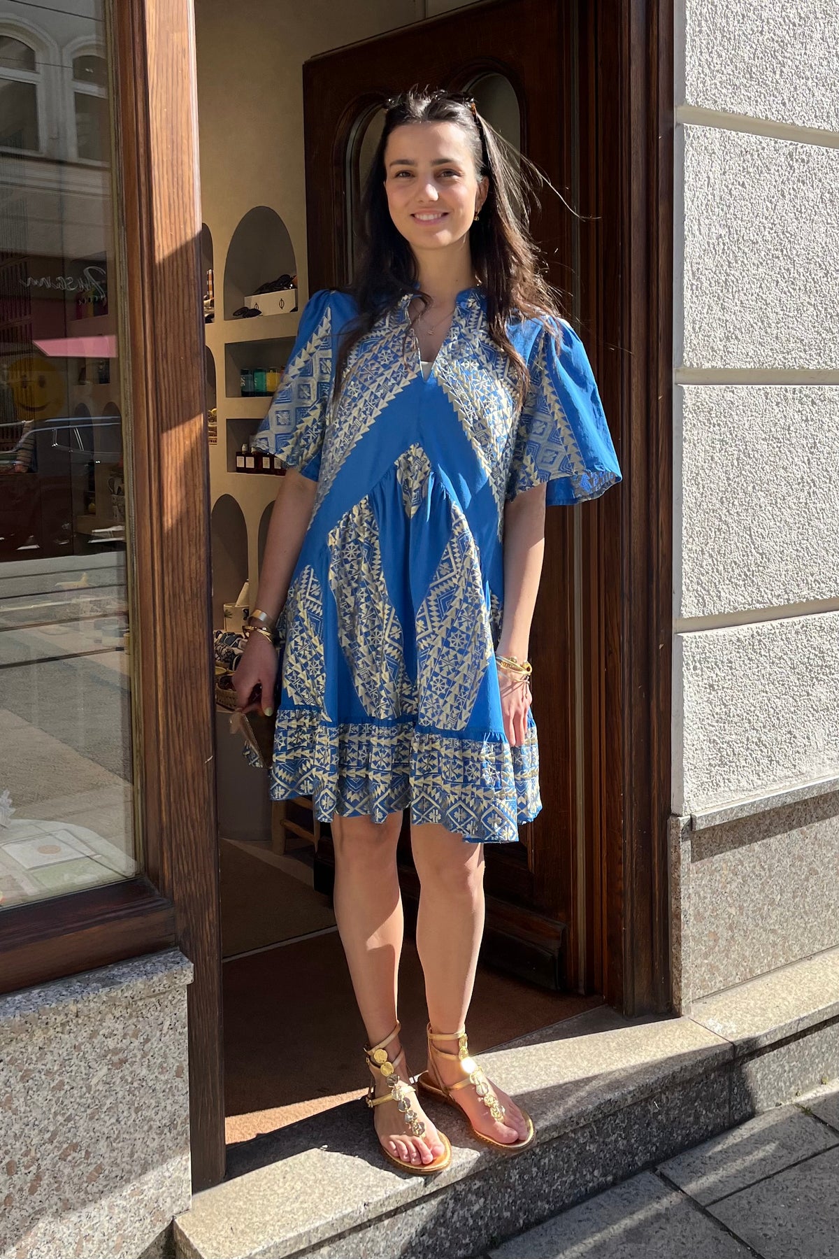 SHORT OVERSIZED DRESS "EMBROIDERED" BLUE RAF/GOLD