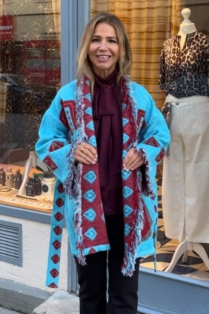 OVERSIZED JACQUARD KIMONO JACKET "ELEA" TURQUOISE