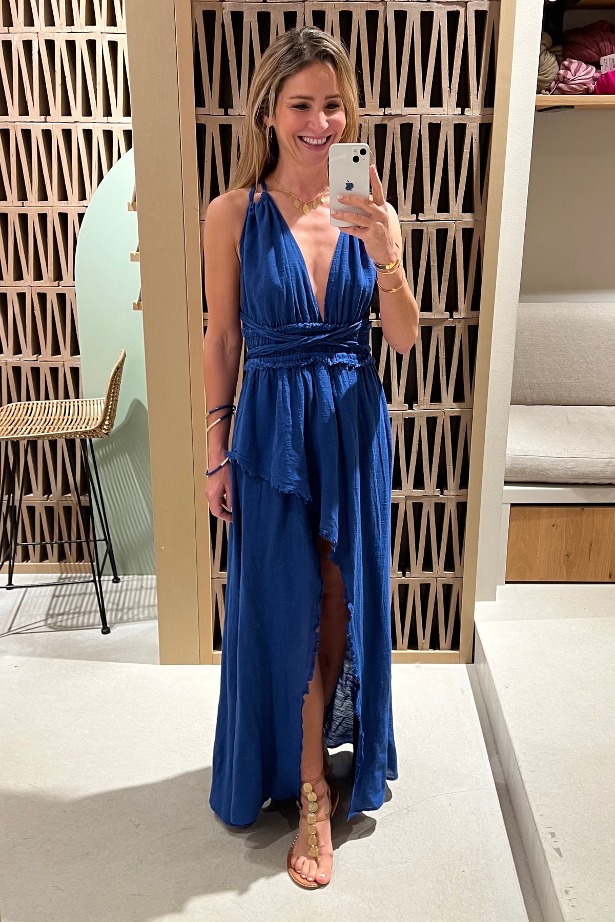 LONG SLITTED NECKHOLDER DRESS "MALIA" BLUE