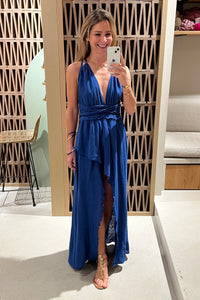 LONG SLITTED NECKHOLDER DRESS "MALIA" BLUE