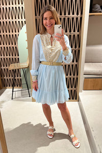 SHORT COTTON DRESS "TRIANGLE" CIEL/GOLD