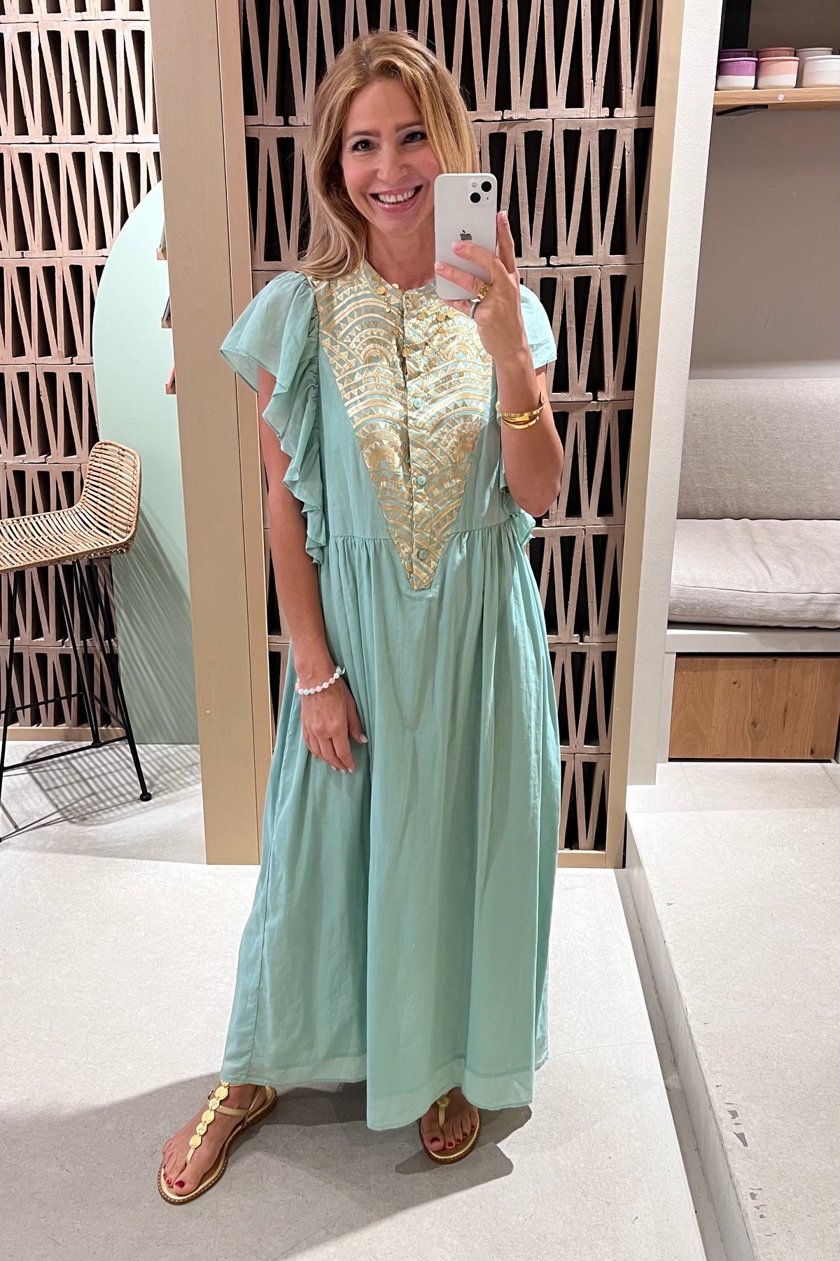 MIDI COTTON DRESS WITH RUFFLES "TRIANGLE" SEA GREEN/GOLD