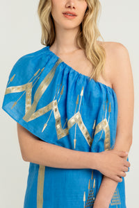 SHORT ONE SHOULDER DRESS "ROOTS" BLUE RAF/GOLD