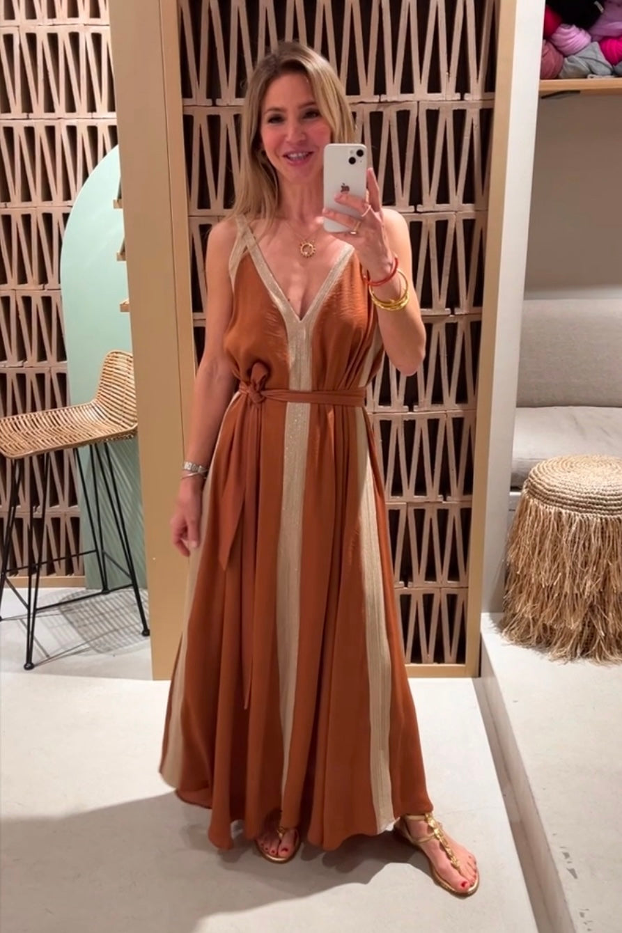 FLOWY LONG DRESS "ATHENA" CHOCOLATE/GOLD