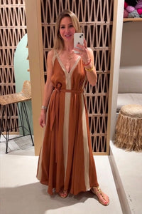 FLOWY LONG DRESS "ATHENA" CHOCOLATE/GOLD