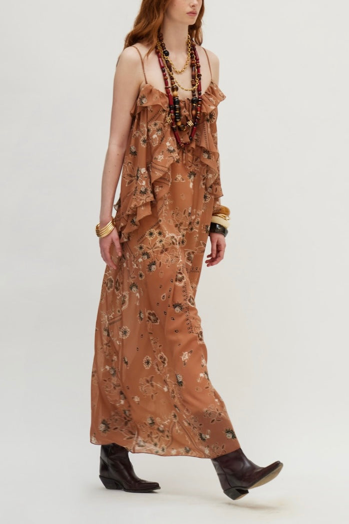LONG TRANSPARENT CHIFFON DRESS "ROSE" BROWN