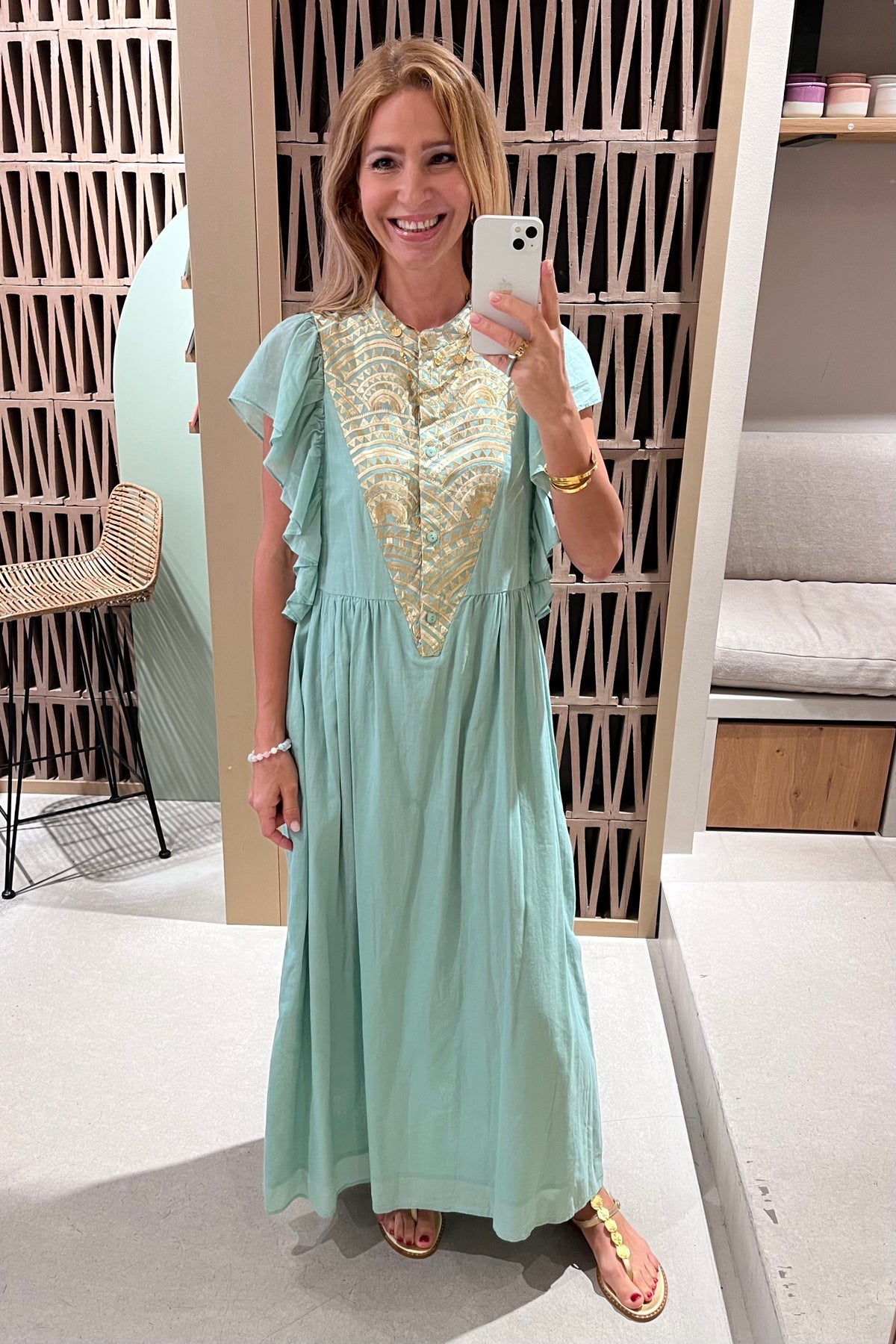 MIDI COTTON DRESS WITH RUFFLES "TRIANGLE" SEA GREEN/GOLD