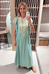 MIDI COTTON DRESS WITH RUFFLES "TRIANGLE" SEA GREEN/GOLD