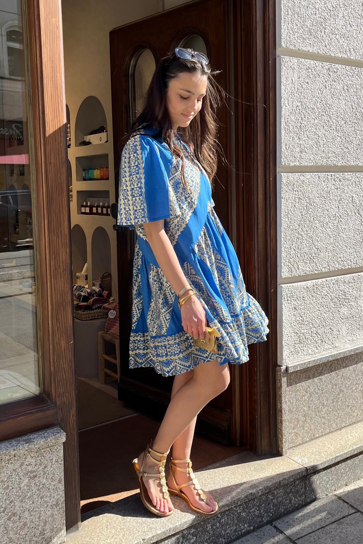 SHORT OVERSIZED DRESS "EMBROIDERED" BLUE RAF/GOLD