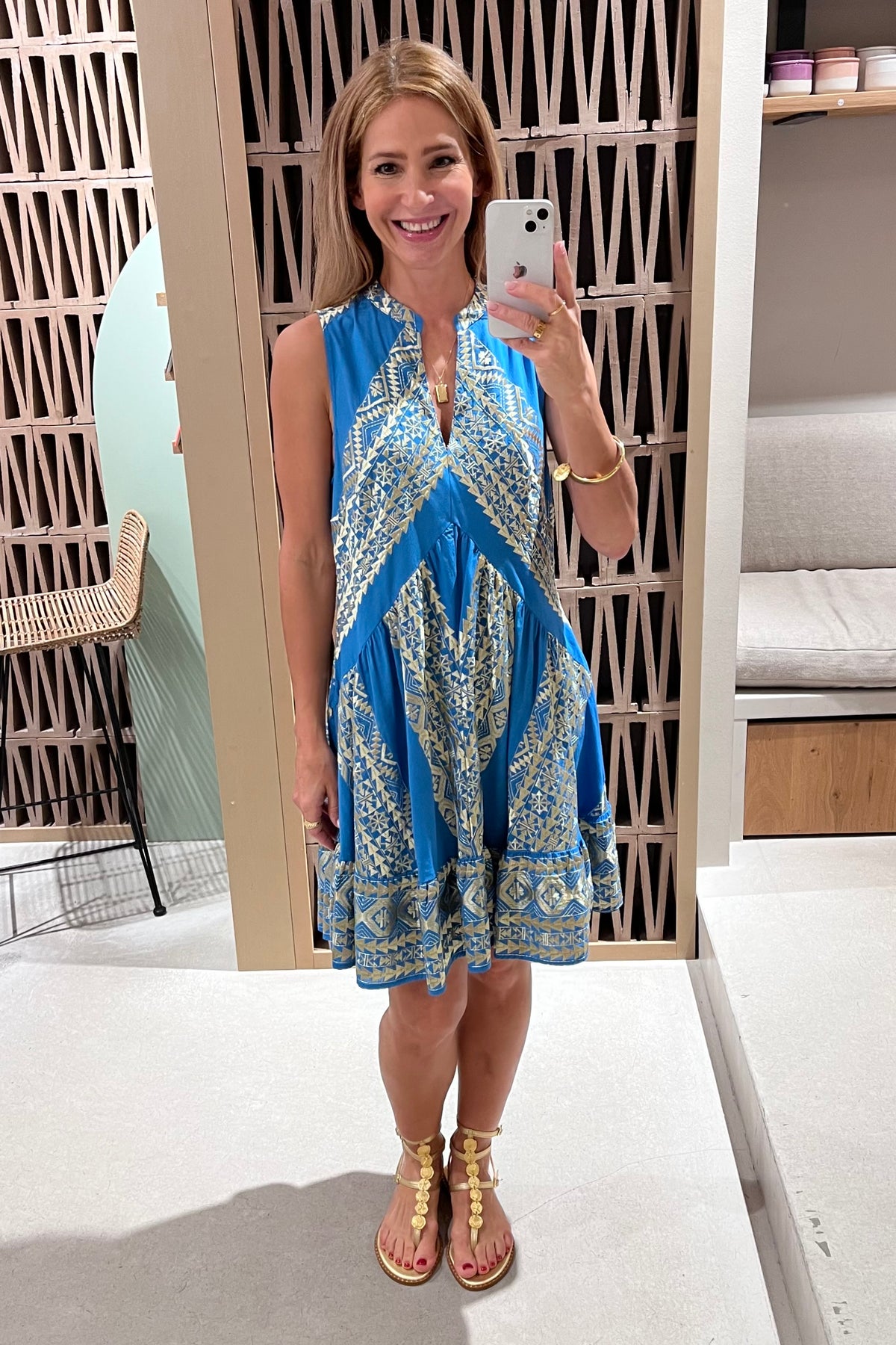 SHORT SLEEVELESS DRESS "EMBROIDERED" RAF BLUE/GOLD