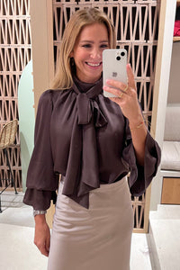 SILKY SATIN BOW TIE BLOUSE "CHLOE" BROWN
