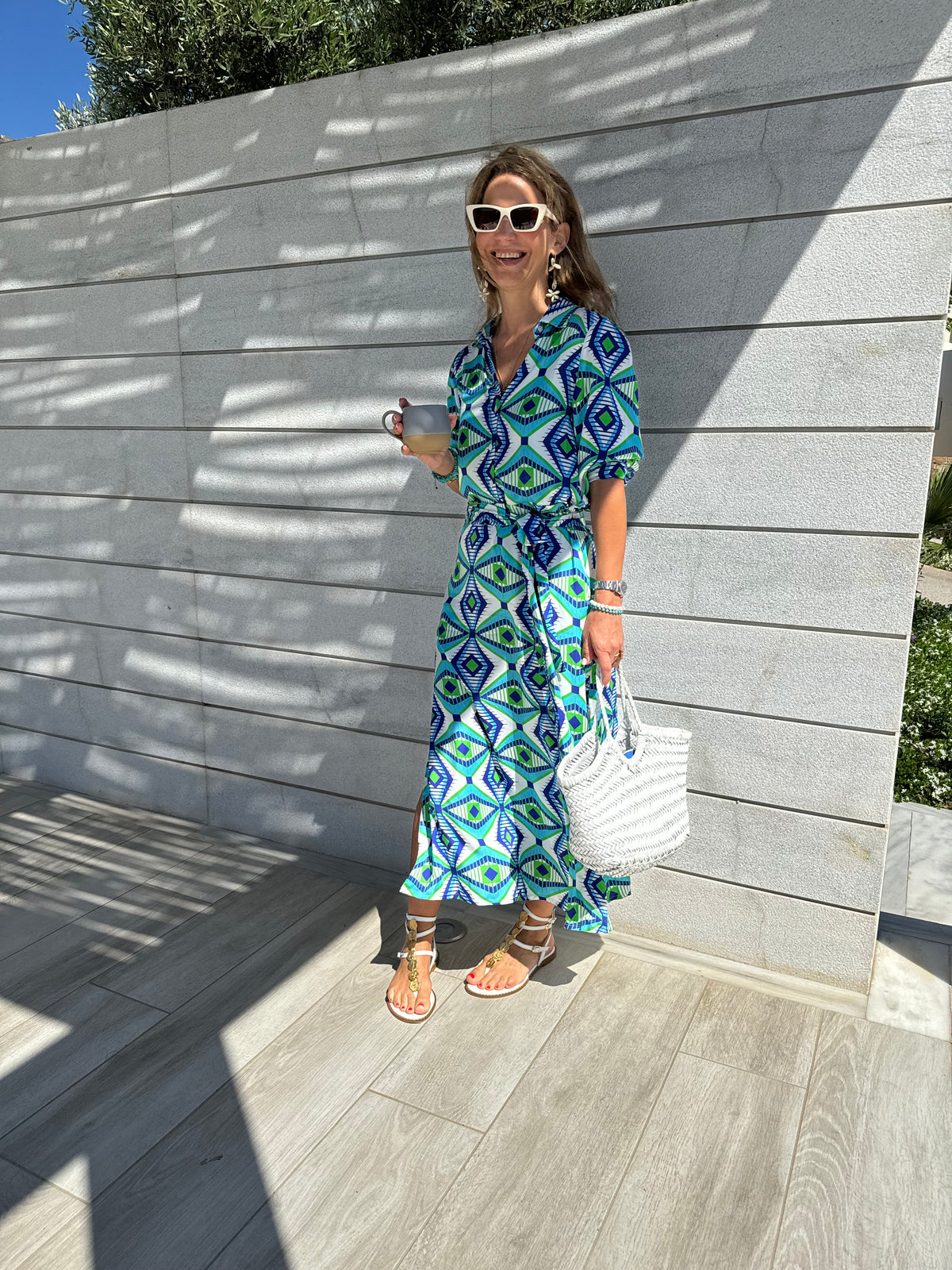 MIDI SHIRT DRESS WITH BELT "GLAFKI" BLUE/GREEN/WHITE