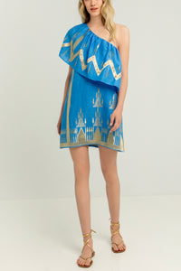 SHORT ONE SHOULDER DRESS "ROOTS" BLUE RAF/GOLD