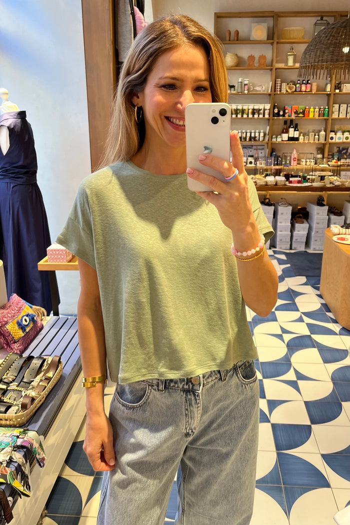 CROPPED BAMBOO LINEN T-SHIRT SAGE GREEN