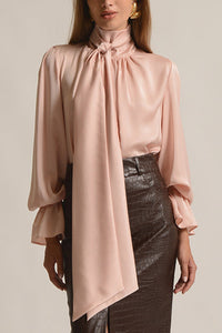 SILKY SATIN BOW TIE BLOUSE "CHLOE" POWDER