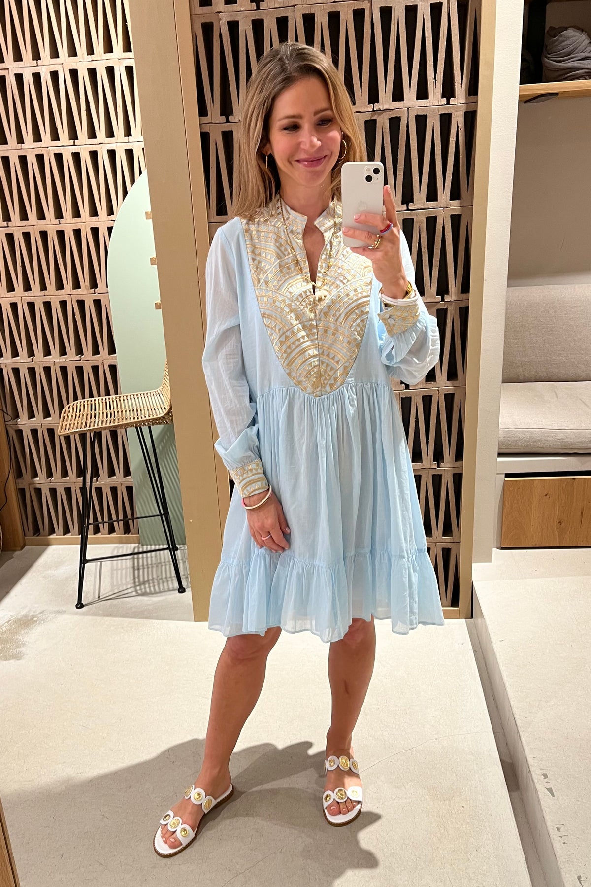 SHORT COTTON DRESS "TRIANGLE" CIEL/GOLD