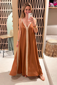 FLOWY LONG DRESS "ATHENA" CHOCOLATE/GOLD