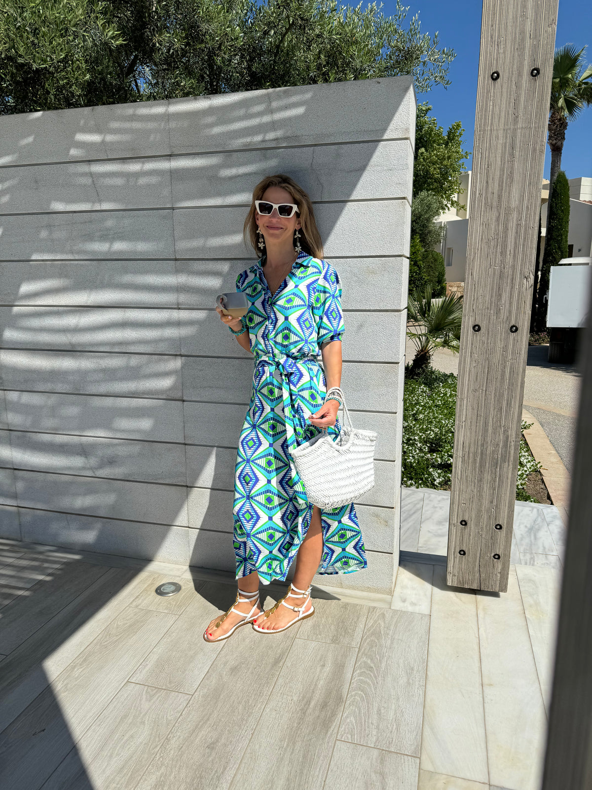 MIDI SHIRT DRESS WITH BELT "GLAFKI" BLUE/GREEN/WHITE