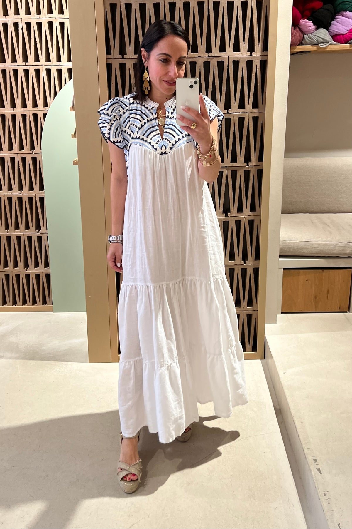 MIDI DRESS WITH RUFFLES "TRIANGLE" WHITE/BLUE