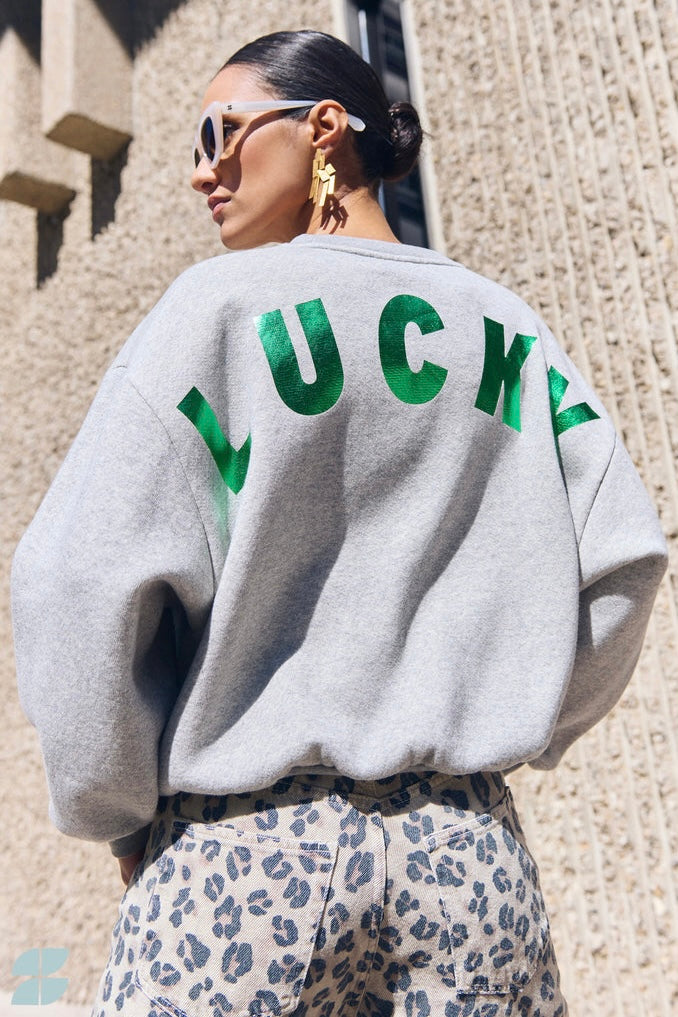 OVERSIZED COTTON SWEATER "LUCKY" GREY/METALLIC GREEN