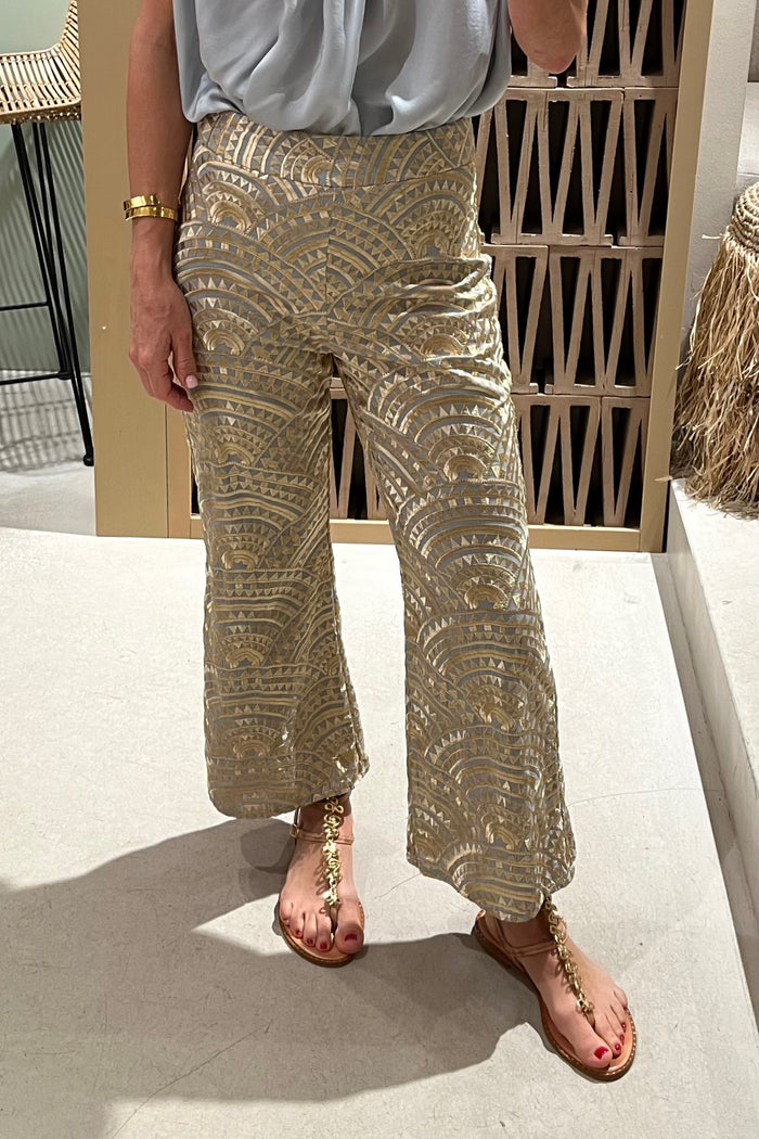 CROPPED EMBROIDERED COTTON PANTS "TRIANGLE" LIGHT GREY/GOLD