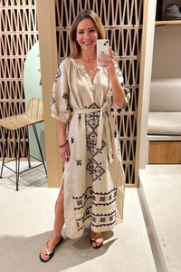 MIDI LINEN DRESS "LEFKADA" BEIGE/BLACK