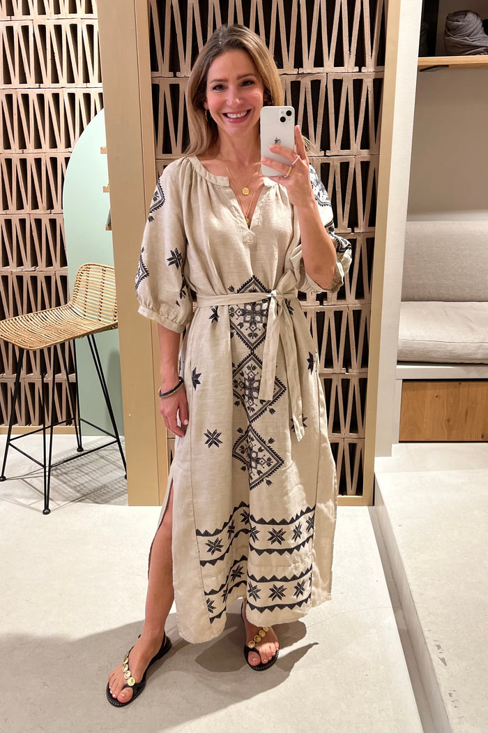 MIDI LINEN DRESS "LEFKADA" BEIGE/BLACK