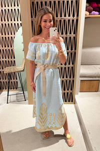 OFF SHOULDER LINEN DRESS "FEATHER" CIEL/GOLD