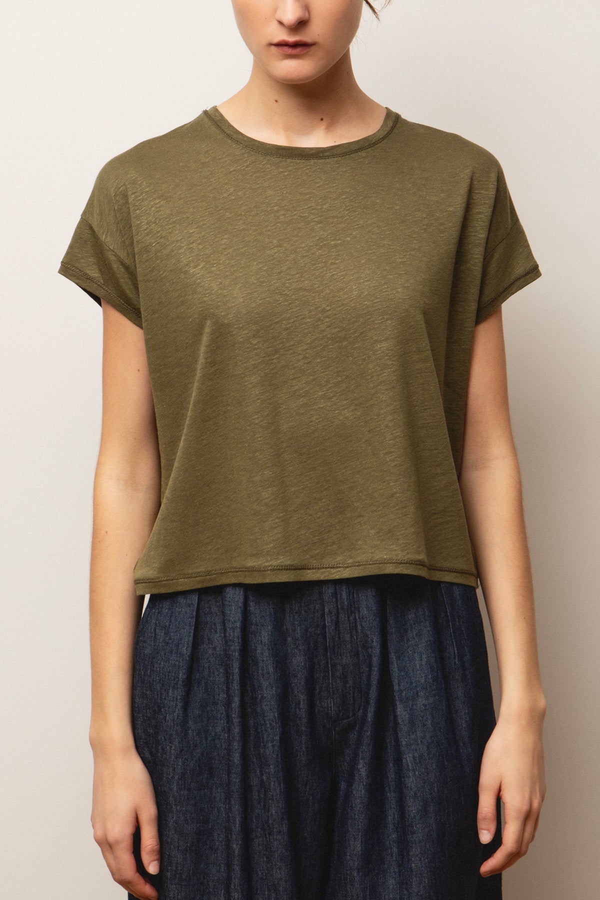 CROPPED BAMBOO LINEN T-SHIRT KHAKI