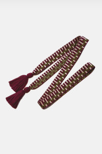 WOVEN BELT WITH TASSELS "MOSAIC" BURGUNDY/OLIVE/GOLD