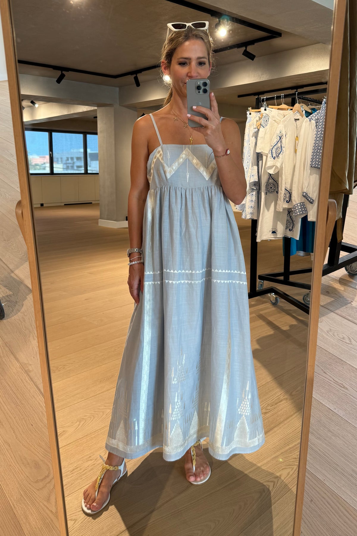 STRAPPY RAMIE MIDI DRESS "ROOTS" GREY/CHAMPAGNE