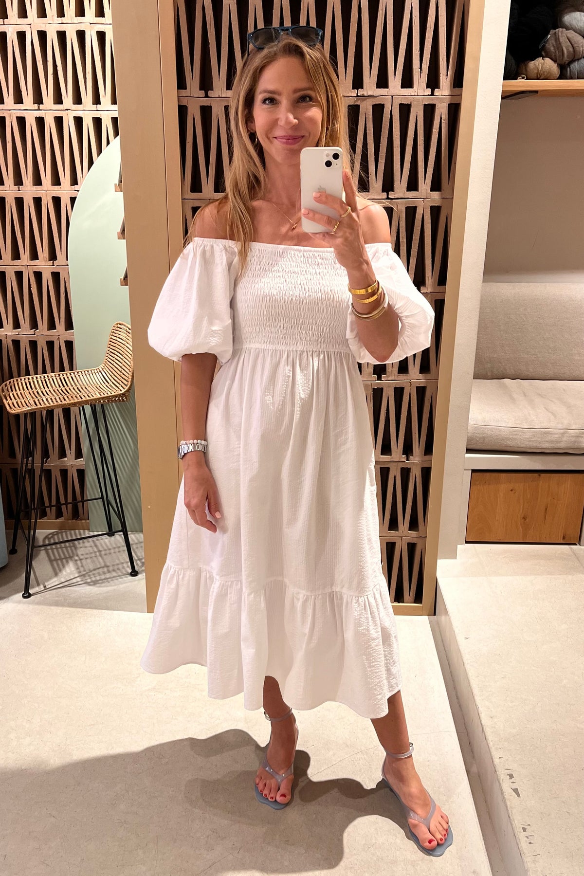 SMOCKED OFF-SHOULDER MIDI DRESS "OPHELIA" WHITE