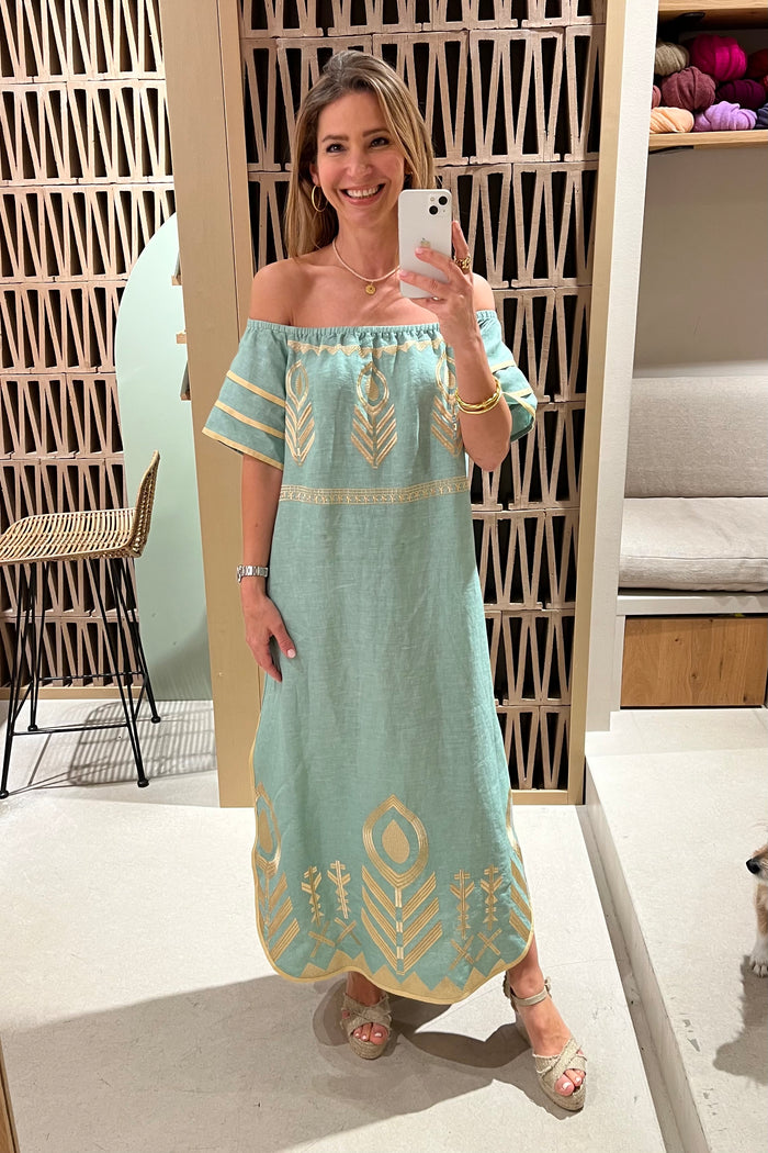 OFF SHOULDER LINEN DRESS "FEATHER" SEA/GOLD