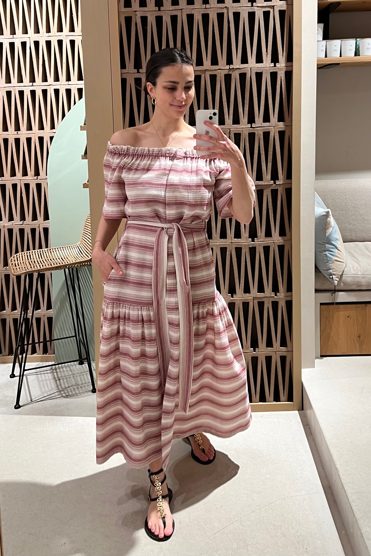 MIDI OFF SHOULDER DRESS "PSARA" WHITE/WINE RED