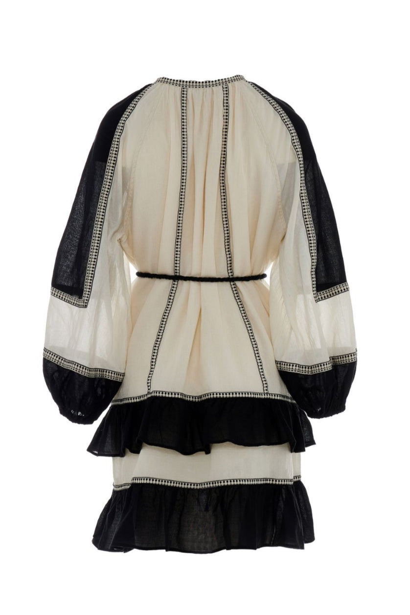 SHORT COTTON GAUZE DRESS "AEGINA" OFFWHITE/BLACK