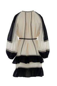 SHORT COTTON GAUZE DRESS "AEGINA" OFFWHITE/BLACK