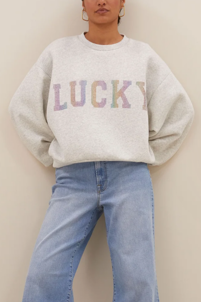 OVERSIZED COTTON SWEATER "LUCKY" LIGHT GREY/RAINBOW