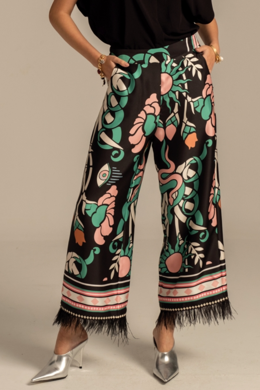 WIDE LEG FEATHER TRIMMED PANTS "MOONFLOWER" MULTICOLOR