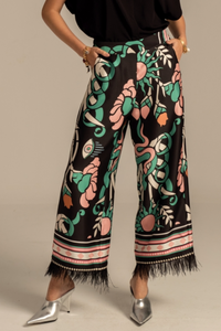 WIDE LEG FEATHER TRIMMED PANTS "MOONFLOWER" MULTICOLOR