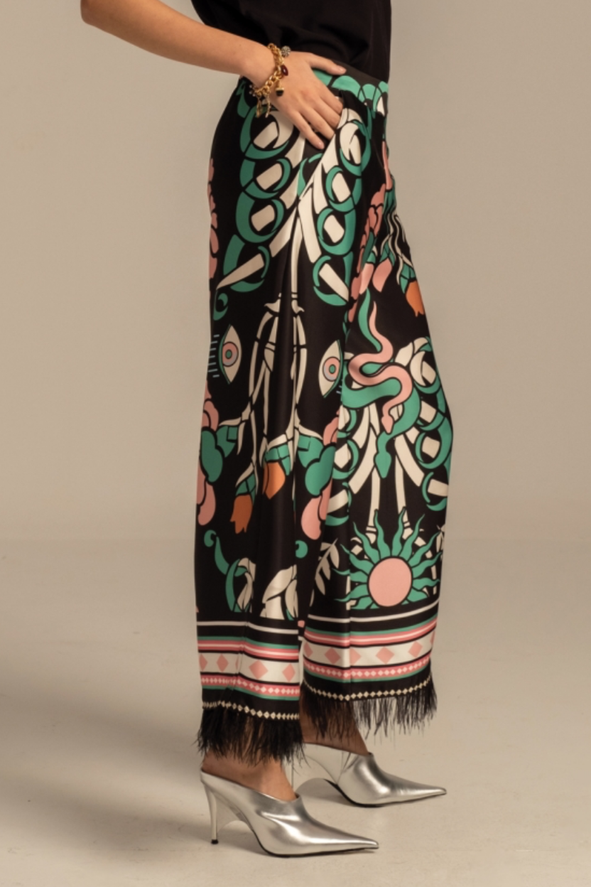 WIDE LEG FEATHER TRIMMED PANTS "MOONFLOWER" MULTICOLOR