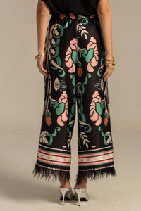 WIDE LEG FEATHER TRIMMED PANTS "MOONFLOWER" MULTICOLOR